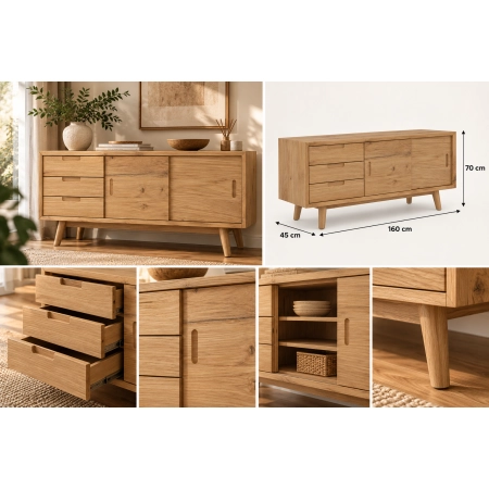 Komoda z litego drewna 160 × 70 × 45 cm – 3 szuflady i przesuwne fronty